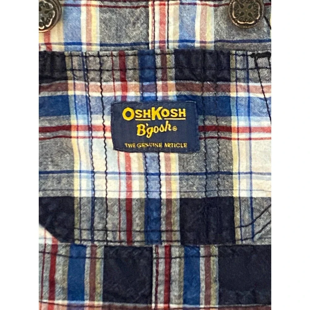 OshKosh B'gosh Plaid Vestbak Shortalls Bib Overalls Blue/Red/White Boys 6 Months